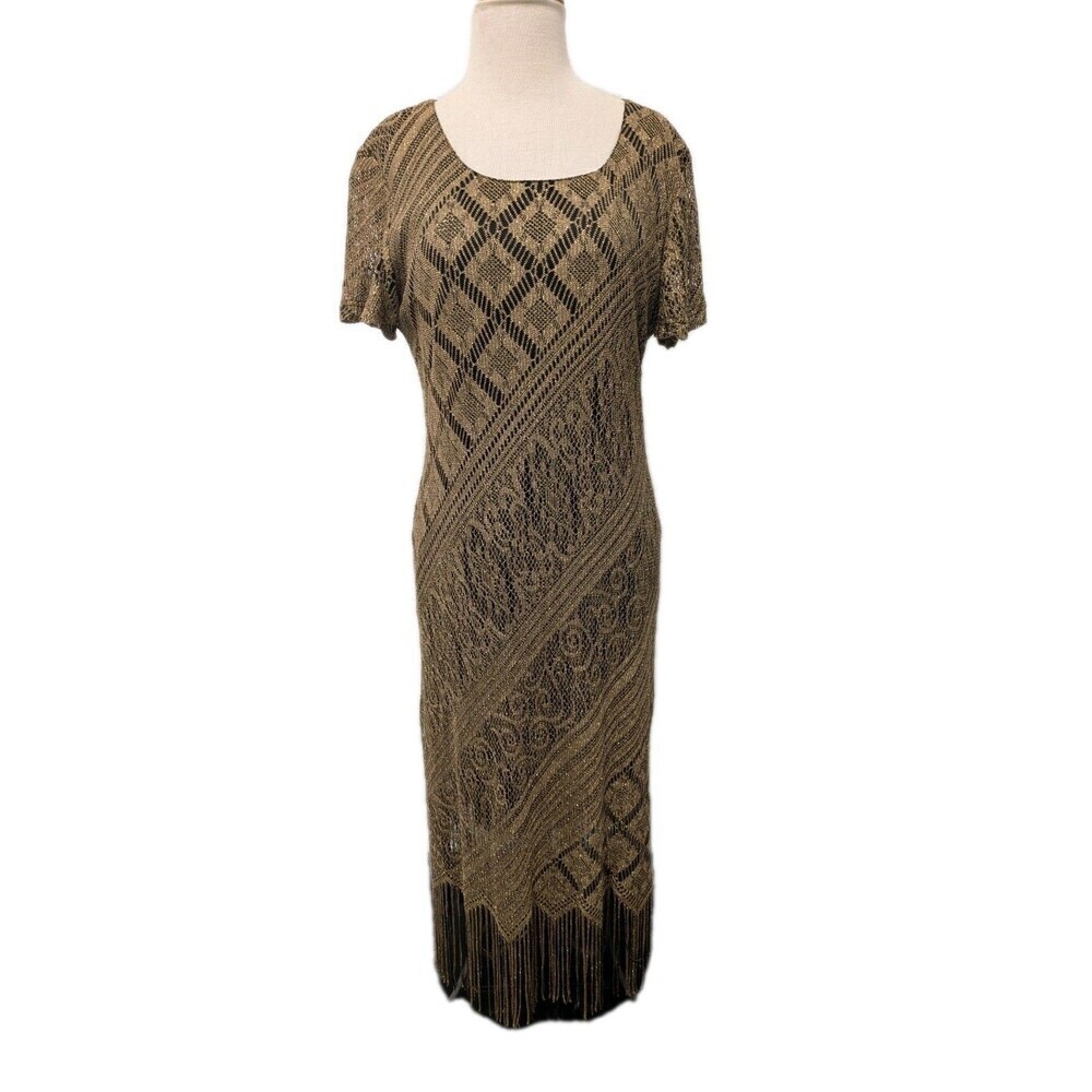 80s Helene Blake Brown/Gold Floral Lace Dress sz M/L Fringe Hem 60s Flapper Girl